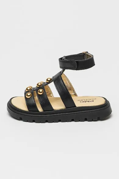 Sandale din piele cu velcro - Auriu/Negru