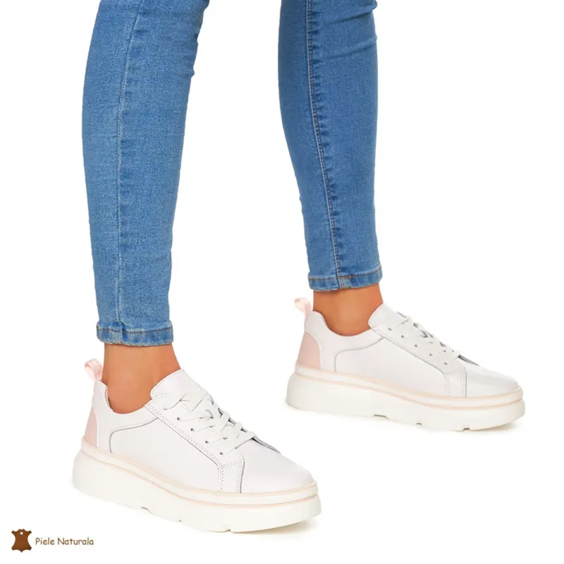 Pantofi Casual dama din Piele naturala cu talpa groasa CRL0054 ALB CU ROZ