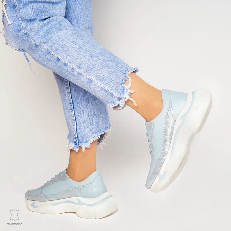 Pantofi Casual dama din Piele naturala cu talpa groasa CRL0037 ALBASTRU