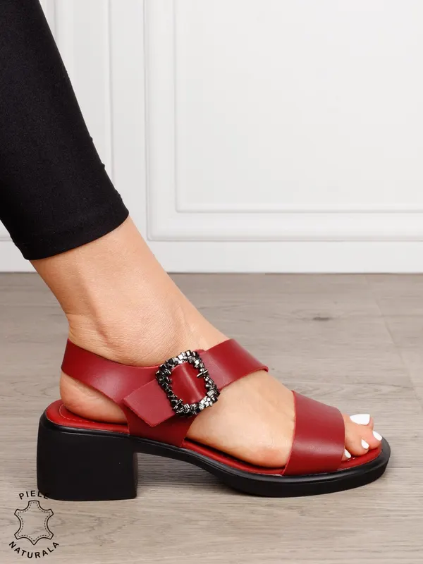 SANDALE Dama Piele Naturala cu toc patrat gros CRL1601 BORDO