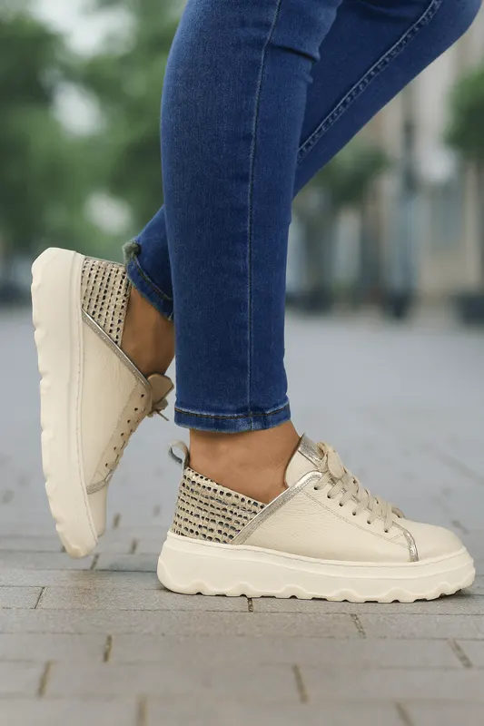 Pantofi Sport Dama din Piele Bej cu Auriu - ATTA