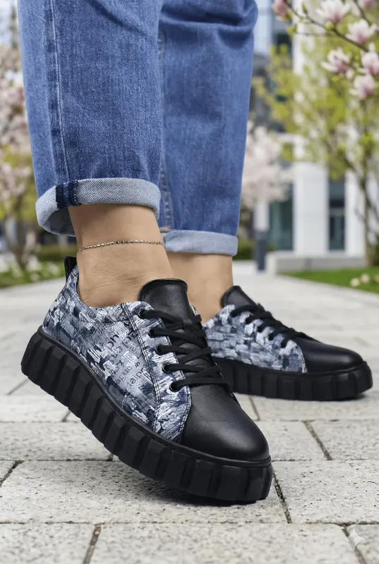 Sneakers din Piele cu Print si Siret - TORE BLACK TWO