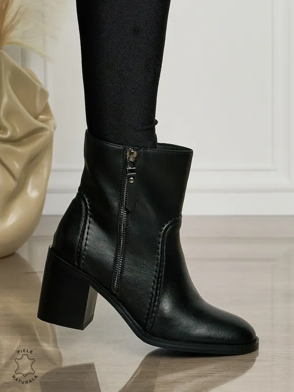 Botine DAMA din PIELE NATURALA CU TOC GROS CRL1493 Negru