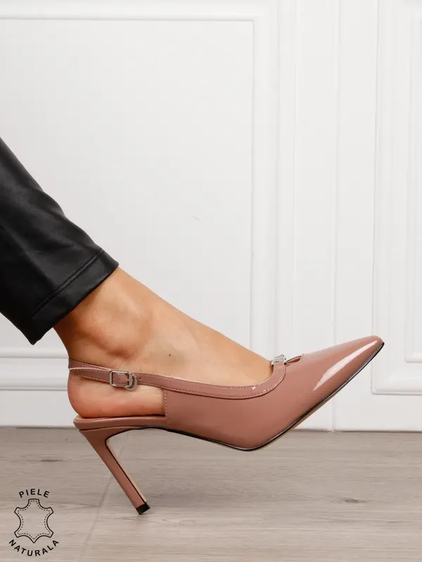 Pantofi dama eleganti din piele naturala Lacuita cu toc subtire clasic CRL1635 ROZ