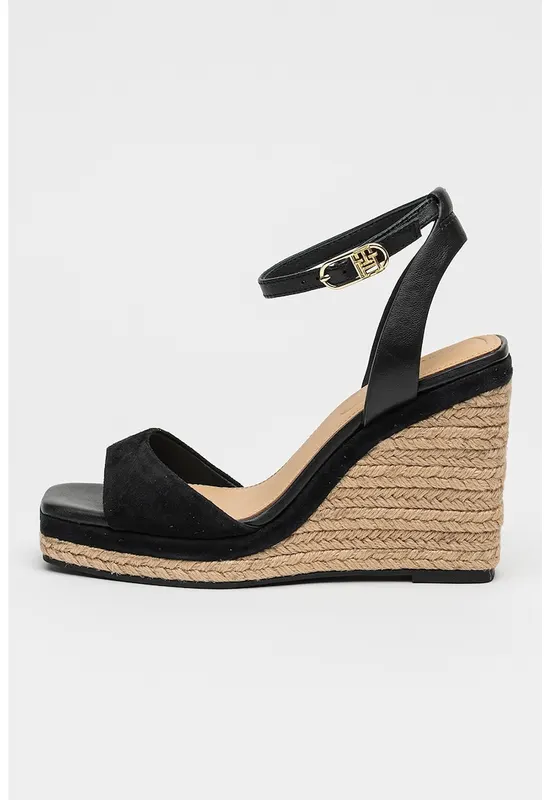 Sandale din piele si piele intoarsa cu talpa wedge - Negru