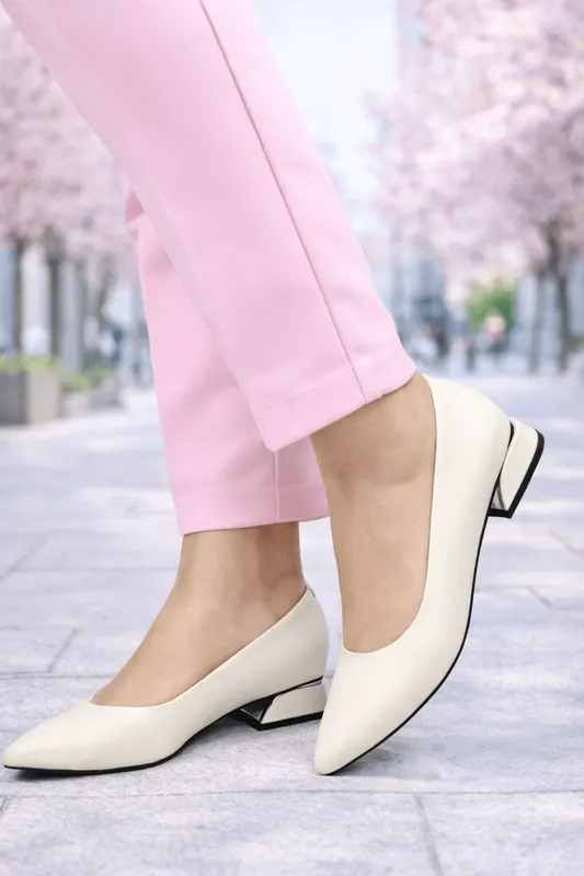 Pantofi Eleganti cu Toc Mic din Piele Albi - SORE WHITE