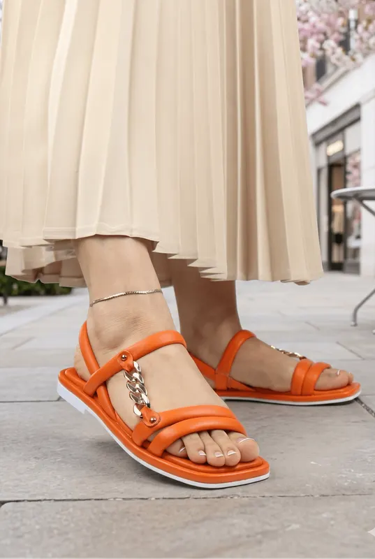 Sandale din Piele cu Accesoriu Lateral - Ireny Orange