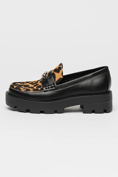 Pantofi loafer de piele si piele ecologica cu garnituri cu imprimeu - Maro inchis/Negru/Bej