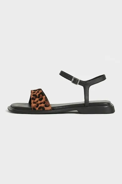 Sandale din piele cu talpa plata si animal print - Maro