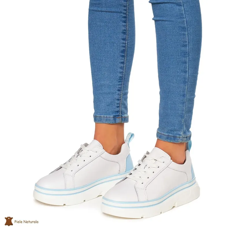Pantofi Casual dama din Piele naturala cu talpa groasa CRL0054 ALB CU ALBASTRU
