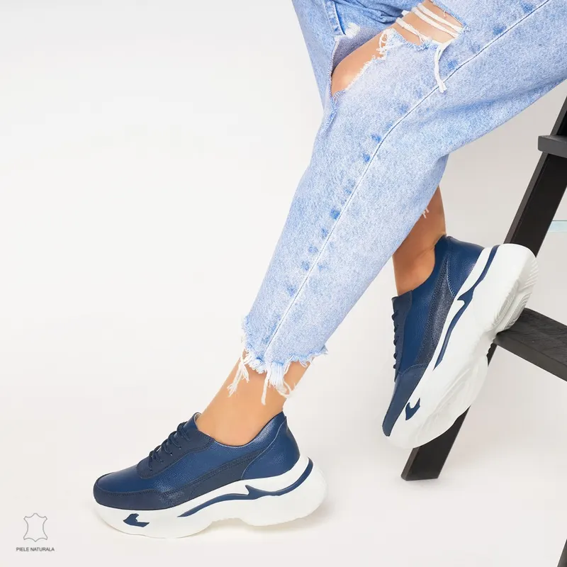 Pantofi Casual dama din Piele naturala cu talpa groasa CRL0037 NAVY