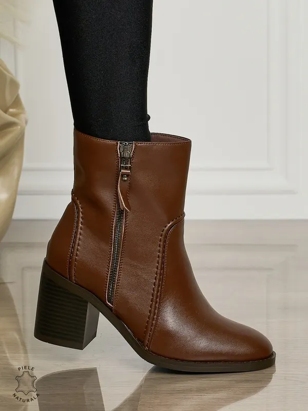 Botine DAMA din PIELE NATURALA CU TOC GROS CRL1493 cafeniu