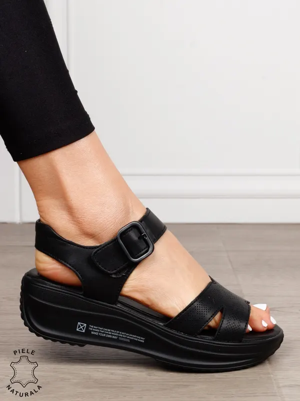 Sandale dama din Piele Naturala cu inchidere catarama CRL1546 NEGRU