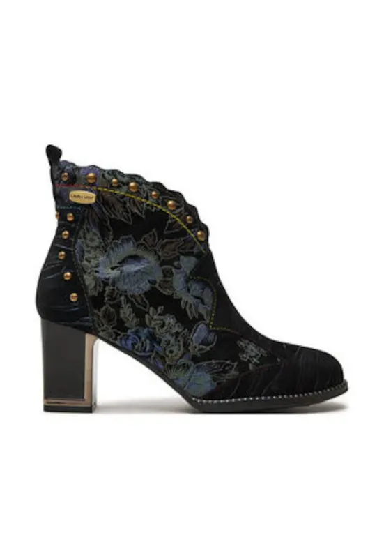 Botine dama - piele naturala - imprimeu floral - toc stabil - negru