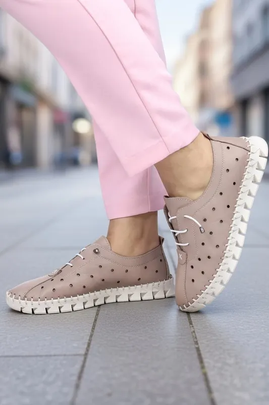 Pantofi Confort Perforati din Piele Bej - MIZO
