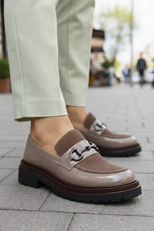 Pantofi Casual din Piele Taupe cu Accesoriu - ZEKA GRI