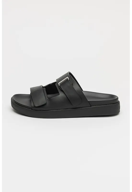 Papuci din piele cu barete cu inchidere velcro - Negru