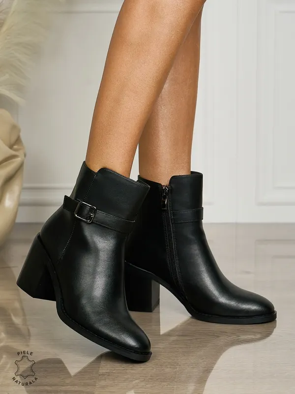 Botine DAMA din PIELE NATURALA CU TOC GROS CRL1494 Negru