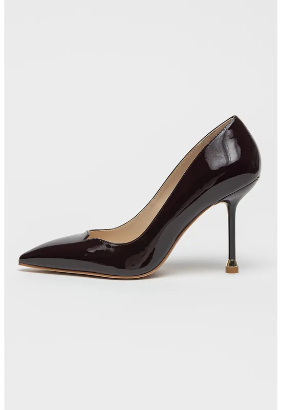 Pantofi de piele ecologica lacuita cu varf ascutit si toc - Violet aubergine
