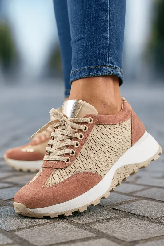 Pantofi Sport Dama din Piele Bej cu Pudra - MERA