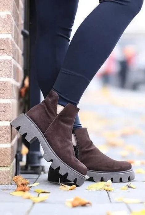 Ghete Casual din Piele Intoarsa Maro cu Fermoar - FAZY