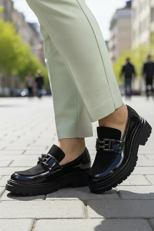 Pantofi Casual din Piele Negri cu Accesoriu - ZEKA BLACK