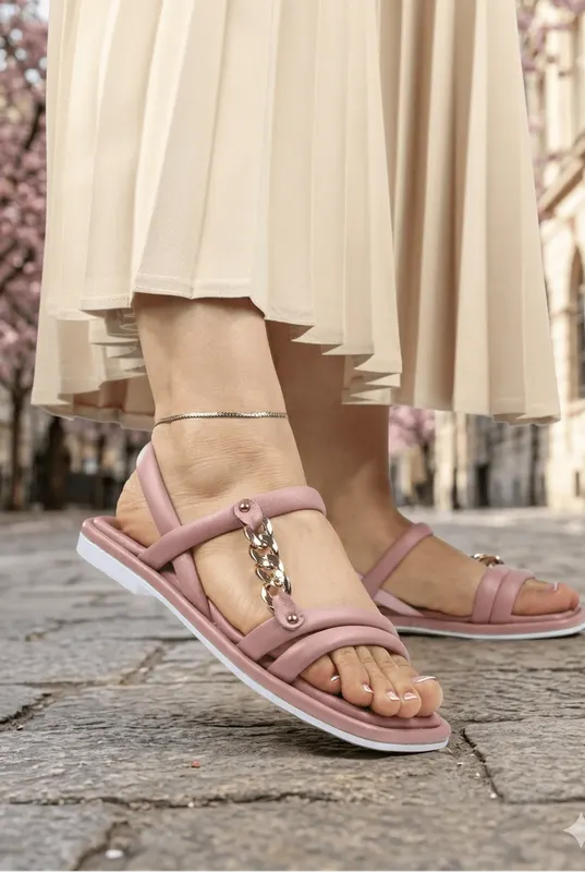 Sandale din Piele cu Accesoriu Lateral - Ireny Pudra