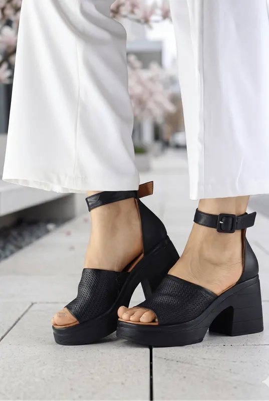 Sandale Dama din Piele Negre cu Toc Gros - TLEA BLACK