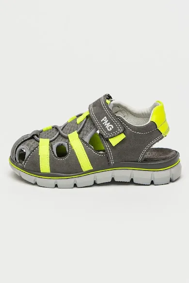 Sandale de piele intoarsa cu logo - Verde neon/Gri inchis