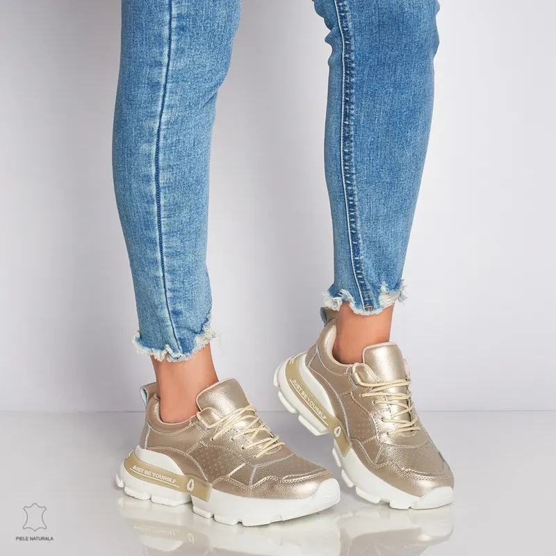 Pantofi Casual dama din Piele naturala cu talpa groasa CRL0046 AURIU