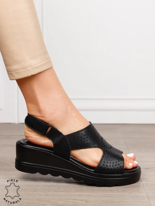 Sandale damă din piele naturală model casual cu barete simple CRL1663 NEGRU