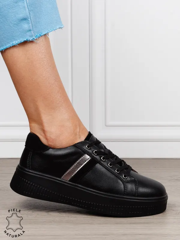 Pantofi sport din piele naturală cu finisaje premium CRL1811 NEGRU