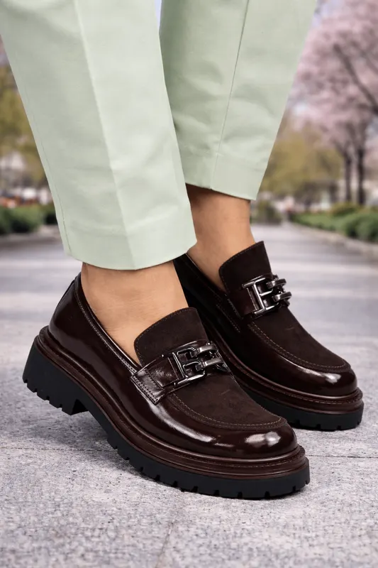 Pantofi Casual din Piele Maro cu Accesoriu - ZEKA BROWN