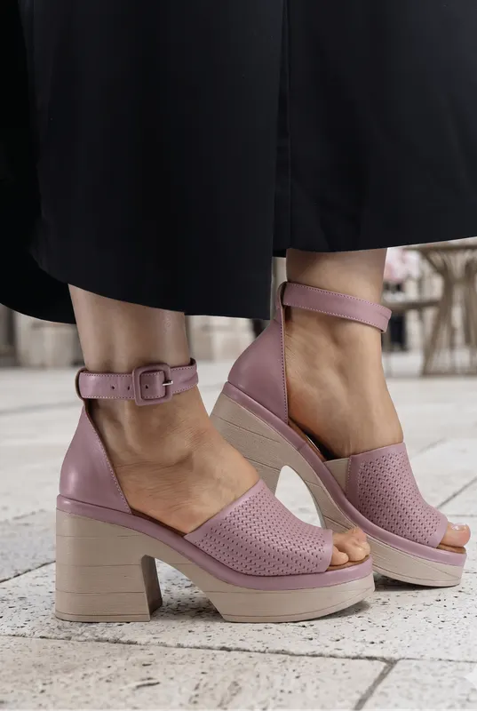 Sandale Dama din Piele Roz cu Toc Gros - TLEA PUDRA