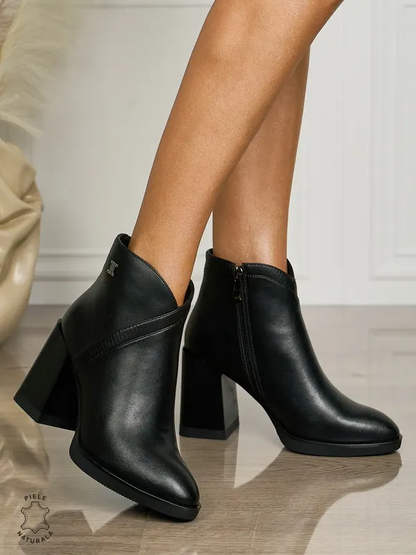 Botine DAMA din PIELE NATURALA CU TOC GROS CRL1495 Negru