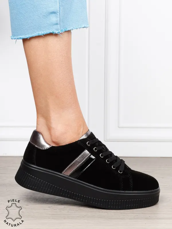 Pantofi sport din piele naturală intoarsa cu finisaje premium CRL1811 NEGRU SUEDE