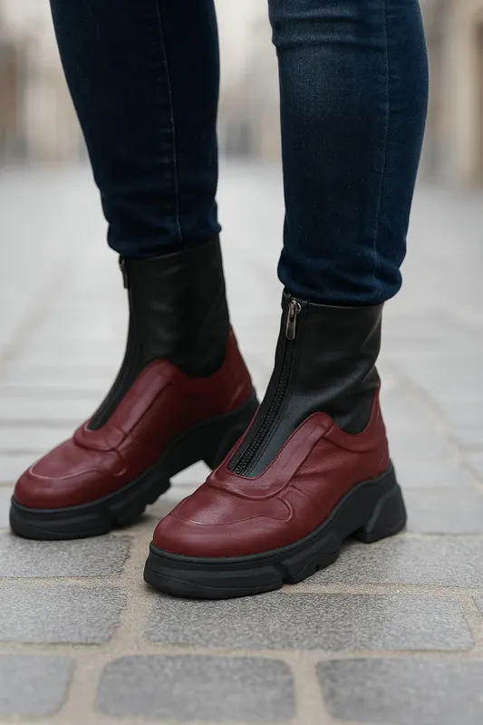 Ghete Casual Dama din Piele cu Fermoar Bordo - FALY