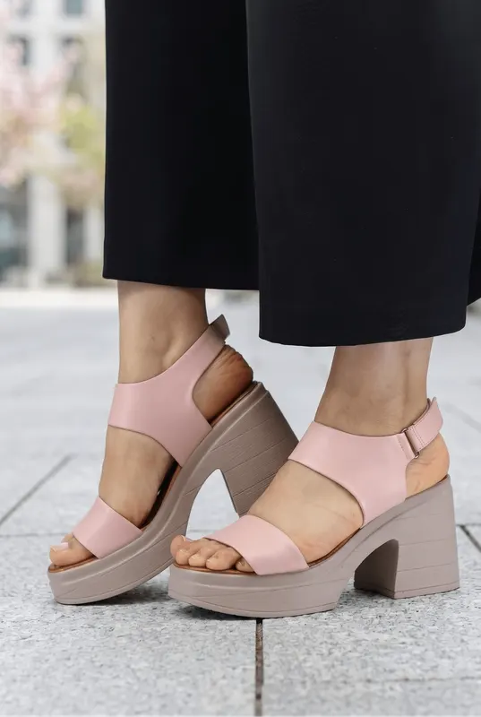 Sandale din Piele Roz Pudra cu Toc Gros - TLEA PINK