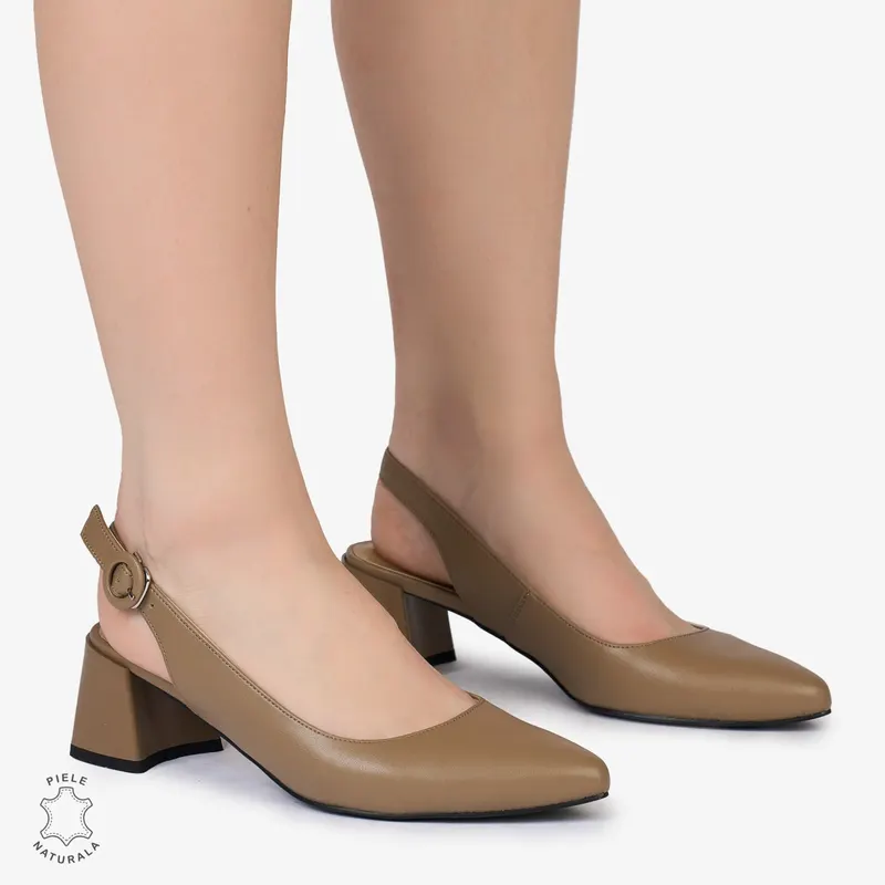 PANTOFI ELEGANTI dama din Piele Naturala CU TOC MIC CRL0988 KHAKI