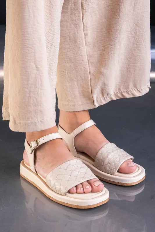 Sandale din Piele Bej cu Broderie - Fancy Beige