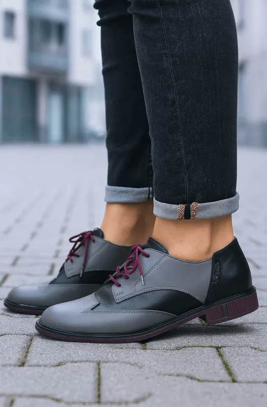 Pantofi Casual Dama din Piele Gri cu Negru - TELA
