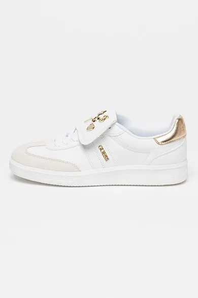 Pantofi sport de piele ecologica si piele intoarsa cu decoratii metalice - Alb/Auriu