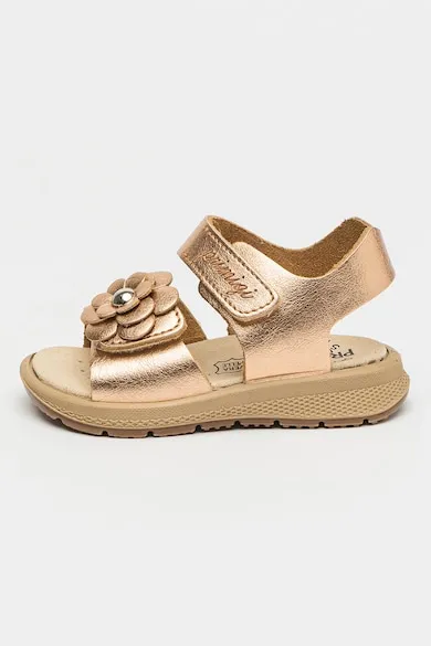 Sandale cu velcro si aplicatie floare - Auriu rose