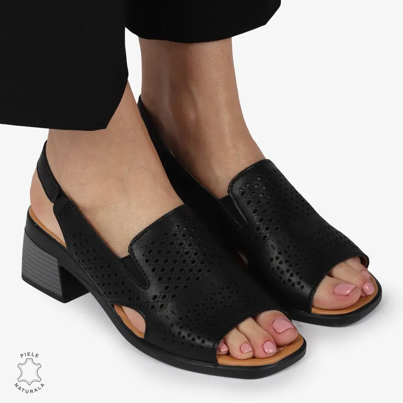 Sandale elegante din piele naturală CU STIL AJURAT CRL1404 NEGRU