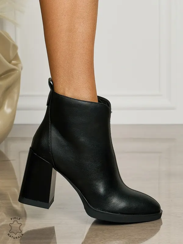 Botine DAMA din PIELE NATURALA CU TOC GROS CRL1496 Negru