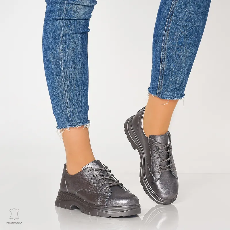 Pantofi casual de dama din piele naturala cu talpa aderenta CRL0010 PEWTER