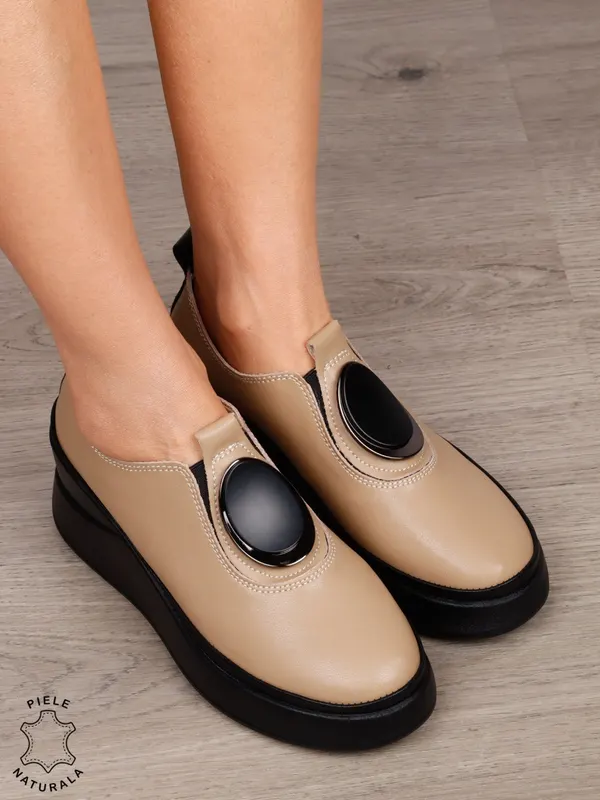 PANTOFI CASUAL DAMA Piele Naturala Slip-on cu deatliu in fata CRL1443 KHAKI