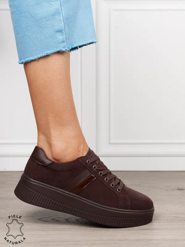 Pantofi sport din piele naturală intoarsa cu finisaje premium CRL1811 CAFENIU