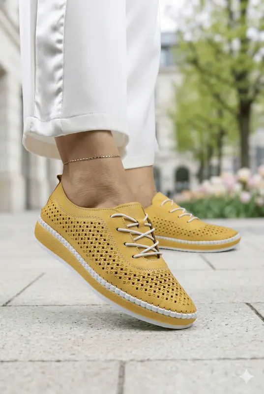 Pantofi Confort din Piele Galbena Perforati - ZYX YELLOW