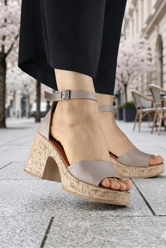 Sandale Dama din Piele GRI cu Toc Gros - TLEA GREY
